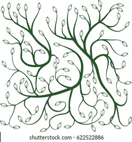 Vector illustration of green curly vines with leaves; computer graphics