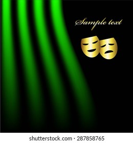 Vector illustration of Green Curtain. Theatrical scene. Golden mask.