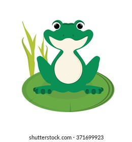 Vector illustration green, cute little frog sitting on water lily leaf