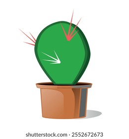 Vector illustration of a green decorative cactus Prickly pear plant in a brown pot isolated on a white background