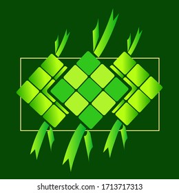 Vector illustration of green diamond inside made of rice and young coconut leaves. Ketupat food is a cultural tradition in Indonesia every Eid to celebrate the victory of Muslims.