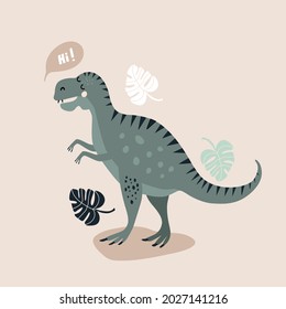vector illustration of green dinosaur in cartoon style, for kids design and greeting cards