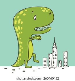 vector illustration of a green dinosaur walking on the city
