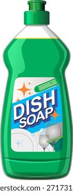 Ilustración vectorial de la botella de jabón verde del plato, de los vidrios limpios, de la etiqueta brillante, y de los aspectos más brillantes