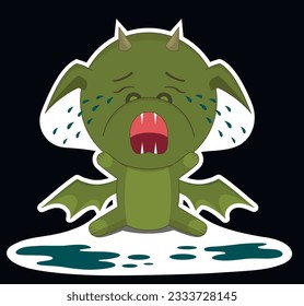 Vector illustration of a green dragon crying. Sad dragon sticker. Illustration of a crying dragon