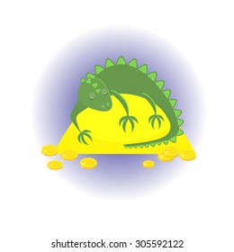 Vector illustration of a green dragon sleeping on a pile of gold coins. A dragon protecting his treasure.