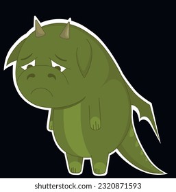 Vector illustration of a green dragon. Sticker dragon. Sad dragon.