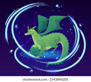 Vector illustration of green dragon with wings sitting near its egg on dark background with glowing particles and waves. Fantasy character scene for game. Fairytale flying animal. Flat cartoon style.