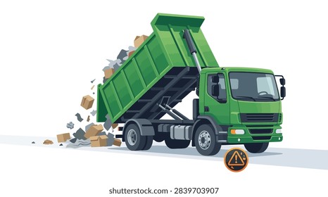Vector illustration of a green dump truck unloading cardboard boxes. Features a raised hydraulic bed and generic debris on a white background. Ideal for waste management visuals.