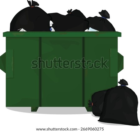 Vector illustration of a green dumpster filled with black garbage bags, isolated on white background. Trash bin with waste bags piled up inside and around, suitable for sanitation, recycling, waste ma