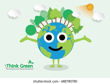 Vector illustration green earth of a cartoon design earth planet globe with environment elements around tree.
