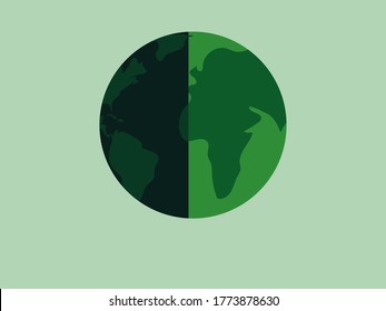 Vector illustration of green earth on light green background. Cartoon graphic, ecology poster, banner, card, web background. One half of earth dark green and one light green, day and night. 