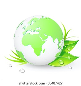 Vector illustration of Green Earth planet (showing Europe and Africa) with leaves and water drops