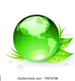 Vector illustration of Green Earth planet with leaves and water drops