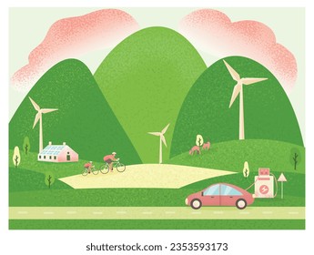 vector illustration of green eco city.city environment with solar panel wind turbine and people rode a bicycle.Save the earth concept. 