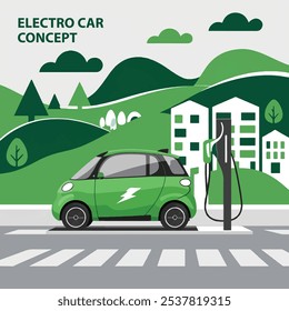 vector illustration of a green electric car charging at a charging station in an eco-friendly environment. The car should have a simple, modern design