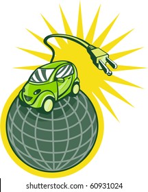 vector illustration of a Green electric car on top of world with plug coming out isolated on white