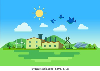 Vector illustration of Green energy factory.