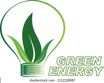 Vector illustration of a green energy icon consisting of a light bulb and three leaves with "Green Energy" text. EPS 10