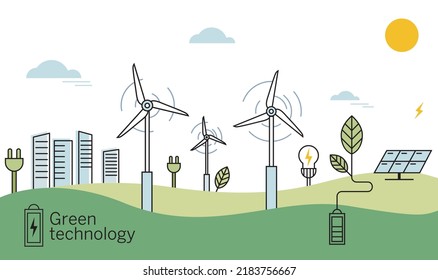 Vector illustration of green energy, solar panels, wind generator