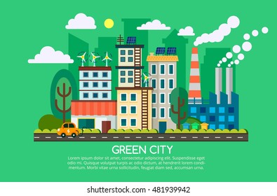 Vector Illustration Green Energy, Urban Landscape, Ecology. Can Be Used For Workflow Layout, Banner, Diagram, Web Design, Timeline, Info Chart, Statistic Brochure Template