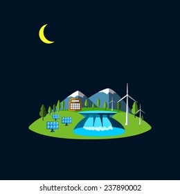 Vector illustration  with green energy. Wind turbines, hydroelectric power, solar panels, power, nature.