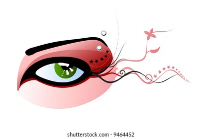 Vector illustration of a green eye with red make-up and pierced eyebrow