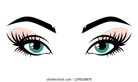 Vector illustration of green eyes with long eyelashes and make-up. For beauty salon, lash extensions maker. 
