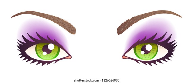 Vector illustration of green eyes. Green eyes with make-up.