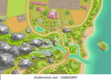 Vector illustration. Green farm in the landscape. (top view)  