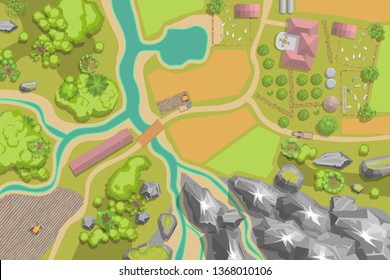 Vector illustration. Green farm in the landscape. (top view)  