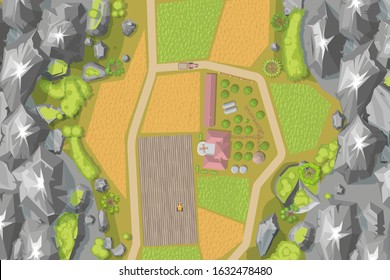Vector illustration. Green farm in the landscape. (top view)  