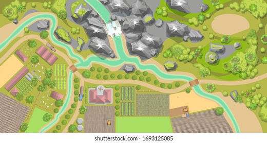 Vector illustration. Green farm in the landscape. (top view)  