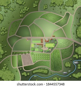 Vector Illustration. Green Farm In The Landscape. (top View)  