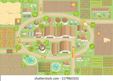 Vector illustration. Green farm. (top view) Fields, vegetable gardens, hangars, buildings, barns, agricultural machinery, ponds, road. (view from above)