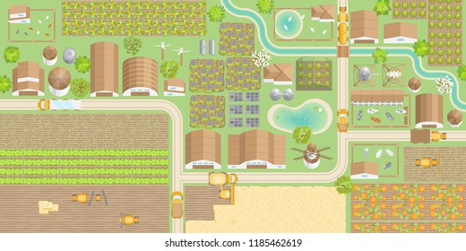 Vector Illustration. Green Farm. (top View) Fields, Vegetable Gardens, Hangars, Buildings, Barns, Agricultural Machinery, Ponds, Road. (view From Above)