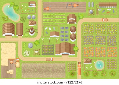 Vector illustration. Green farm. (top view) Fields, vegetable gardens, hangars, buildings, barns, agricultural machinery, ponds, road. (view from above)