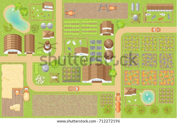 Vector Illustration Green Farm Top View Buildings Landmarks