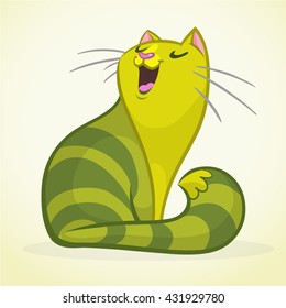 Vector illustration of a green and fat  singing cat. Fat striped cat cartoon 