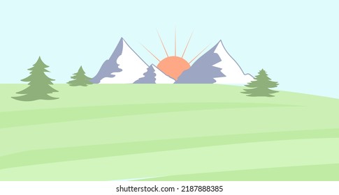 Ilustración vectorial de un campo verde y un sol naciente naranja contra el telón de fondo de las montañas.