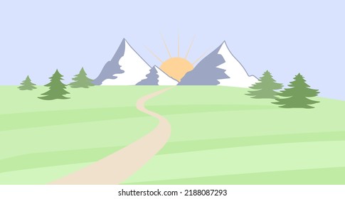Ilustración vectorial de un campo verde y un sol naciente naranja contra el telón de fondo de las montañas.
