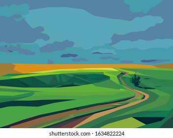 Vector illustration with green field and road landscape. Digital art graphics