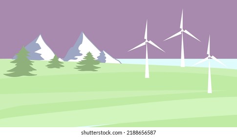 Vector illustration of a green field and wind turbines against the backdrop of mountains.