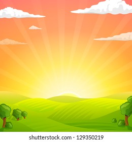 Vector Illustration of Green Fields And Sunrise Sky