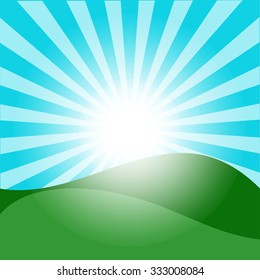 Vector Illustration of Green Fields And Sunrise Sky