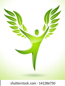 Vector illustration of a green figure with leaves as wings