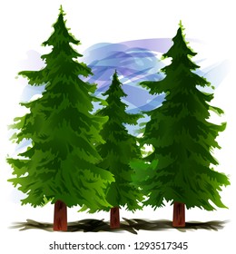 Vector illustration of green fir trees and blue sky. Isolated on white background. Element for design. Forest. Watercolor.