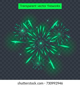 vector illustration of green fireworks, transparent light effect, new year, holiday