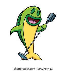 Vector illustration of a green fish in cartoon style. The fish is singing, is very happy and is using an old micro with retro look. Usable like a logo, symbol, emblem or similar thing.