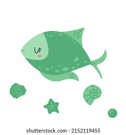 Vector illustration of a green fish. Cartoon marine character. Fish vector illustration in kawaii style. Cartoon of fishes.